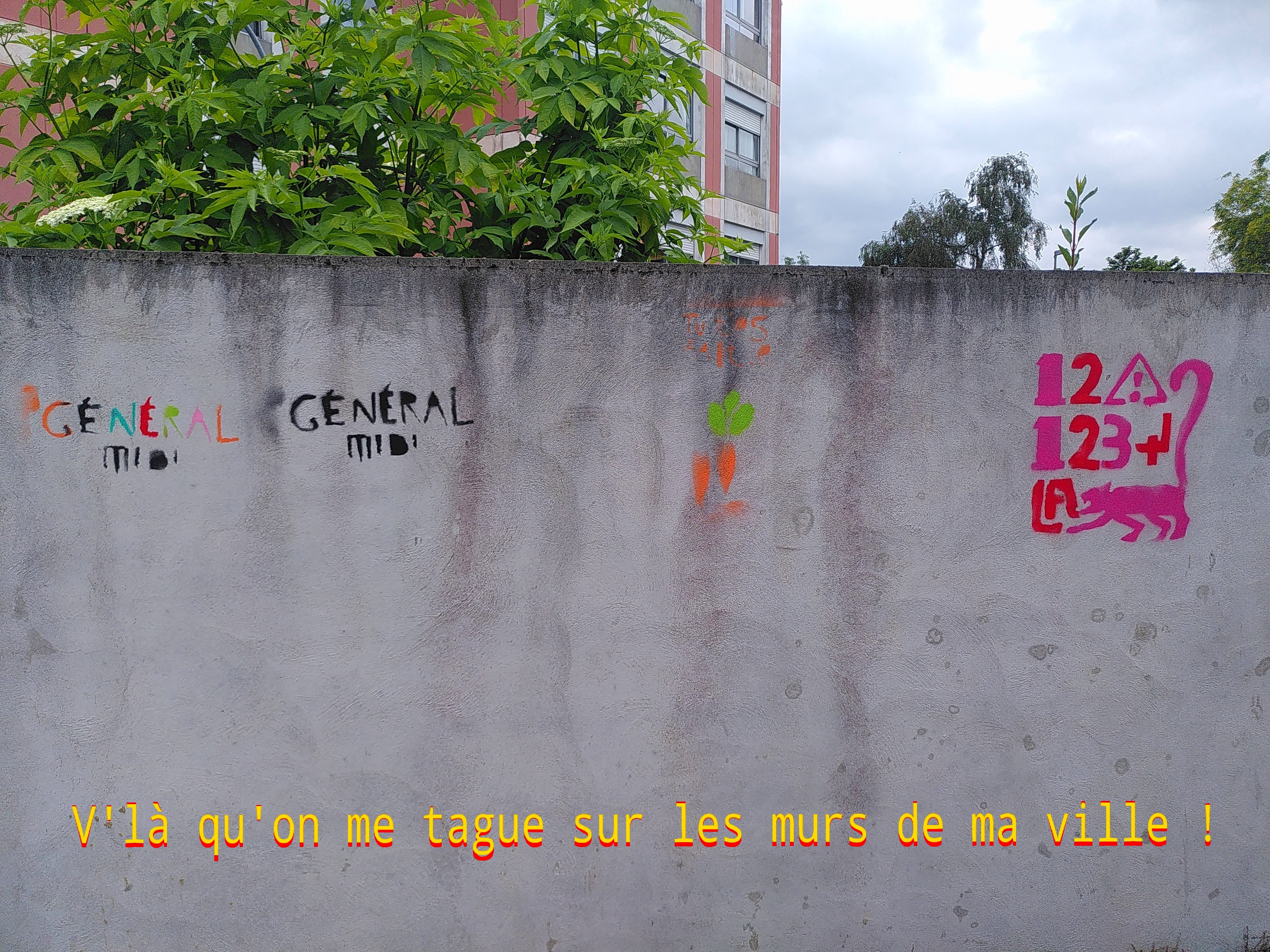 Graffiti du Gnral Midi bomb sur un mur gris