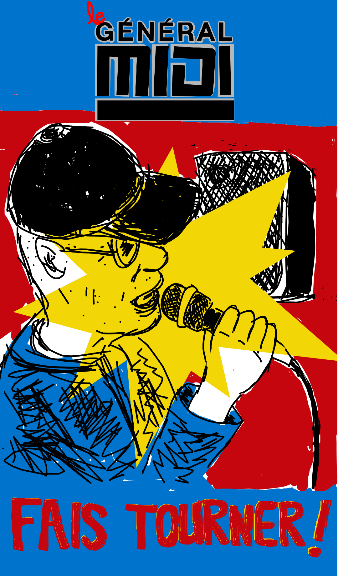 Affiche web : dessin numrique stylise du Gnral en concert, en 4 couleurs tres intenses